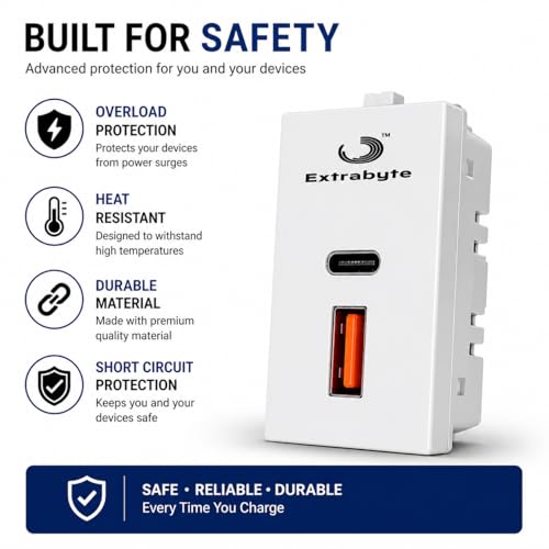 Extrabyte® Extrabyte USB Charger Socket (Type A & Type C), Modular Wall Charging Socket with Fast Charging, White Compatible for Mobile & Devices - Image 5