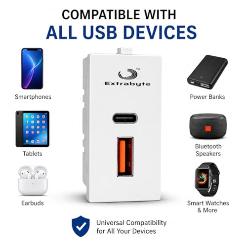 Extrabyte® Extrabyte USB Charger Socket (Type A & Type C), Modular Wall Charging Socket with Fast Charging, White Compatible for Mobile & Devices - Image 4