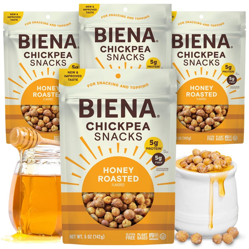 BIENA Chickpea Snacks  Crunchy Roasted Chickpeas  High Fiber Protein Snacks for Adults and Kids  4Pack 5 Ounce Bags  Honey Roasted - Image 3