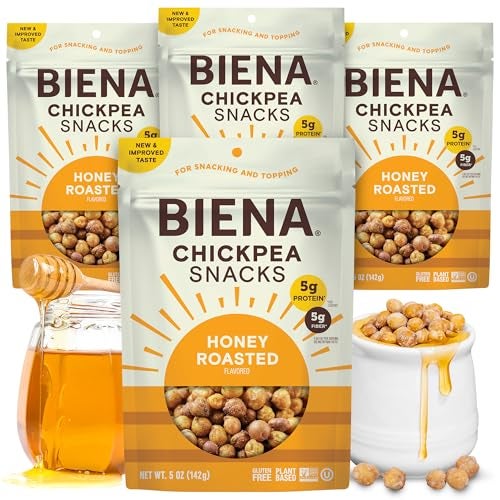 BIENA Chickpea Snacks  Crunchy Roasted Chickpeas  High Fiber Protein Snacks for Adults and Kids  4Pack 5 Ounce Bags  Honey Roasted - Image 1