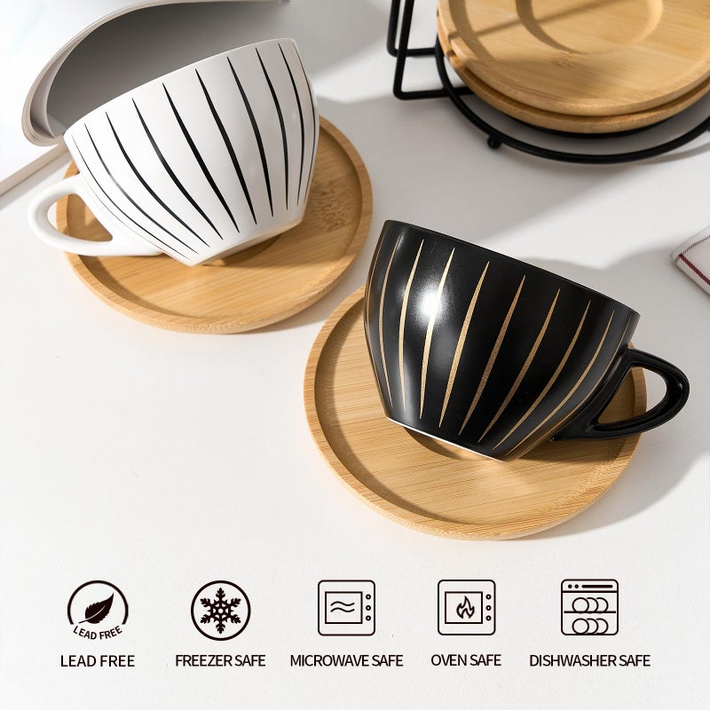 LUKA Ceramic Demitasse Espresso Cups Set with Saucers and Metal Stand, 8 oz Porcelain Cappuccino Cups Teacup For Tea, Espresso, Latte, Coffee, Cafe Mocha, Set of 4, Stripe White & Black - Image 2