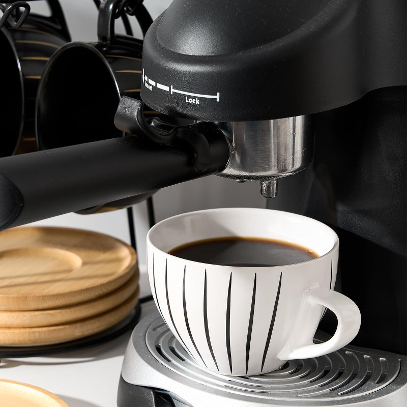 LUKA Ceramic Demitasse Espresso Cups Set with Saucers and Metal Stand, 8 oz Porcelain Cappuccino Cups Teacup For Tea, Espresso, Latte, Coffee, Cafe Mocha, Set of 4, Stripe White & Black - Image 5