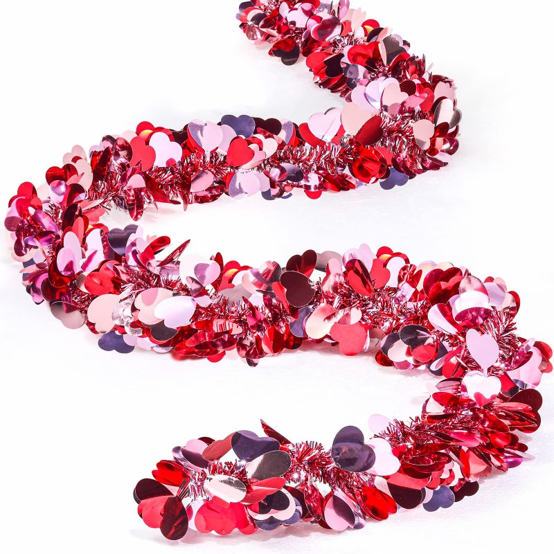 MTLEE 8 Pieces Valentine Tree Decorations Valentines Garland Shiny Heart Tinsel 656 Feet Each Metallic Tinsel Twist Garland for Mantle Tree Ornaments Wreath Wedding Party RosyRedWhite
