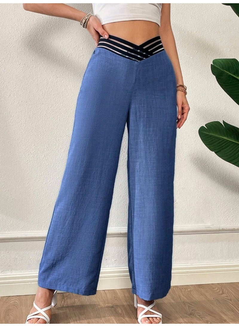 SHEIN Women's Summer Blue Denim Effect Fashionable V-Shaped Asymmetrical Waist Design Loose Wide-Leg Pants - Image 2
