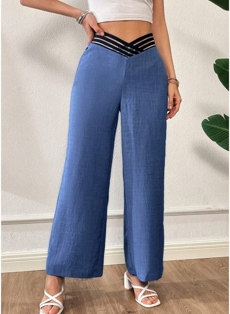 SHEIN Women's Summer Blue Denim Effect Fashionable V-Shaped Asymmetrical Waist Design Loose Wide-Leg Pants - Image 5