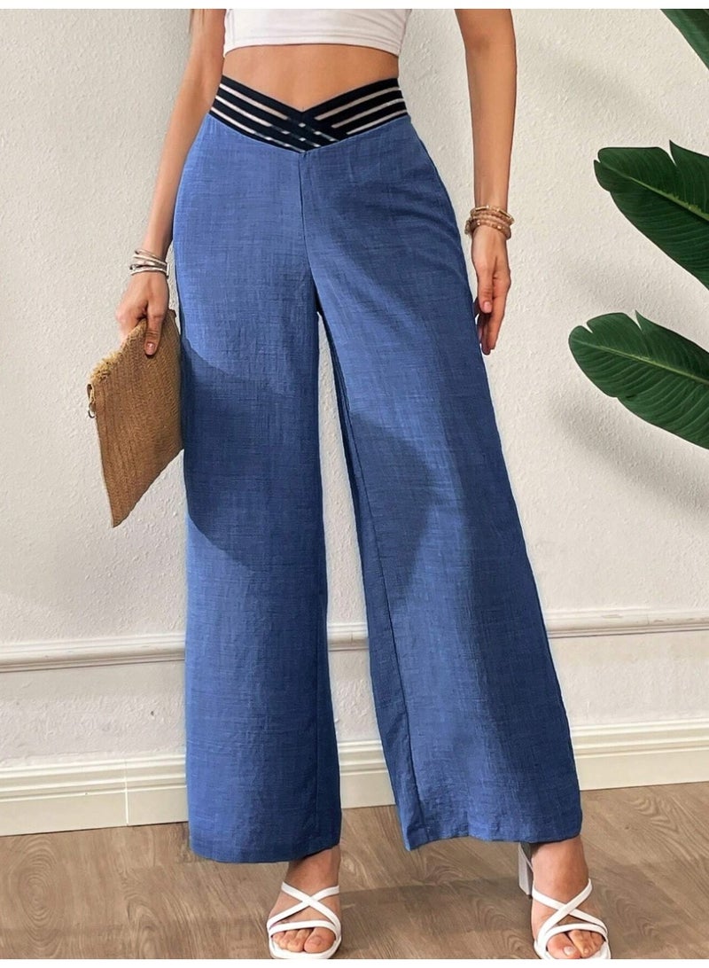 SHEIN Women's Summer Blue Denim Effect Fashionable V-Shaped Asymmetrical Waist Design Loose Wide-Leg Pants - Image 3