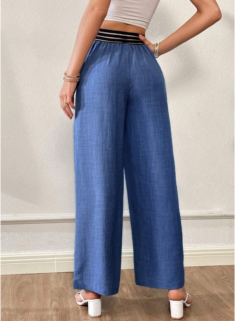 SHEIN Women's Summer Blue Denim Effect Fashionable V-Shaped Asymmetrical Waist Design Loose Wide-Leg Pants - Image 4