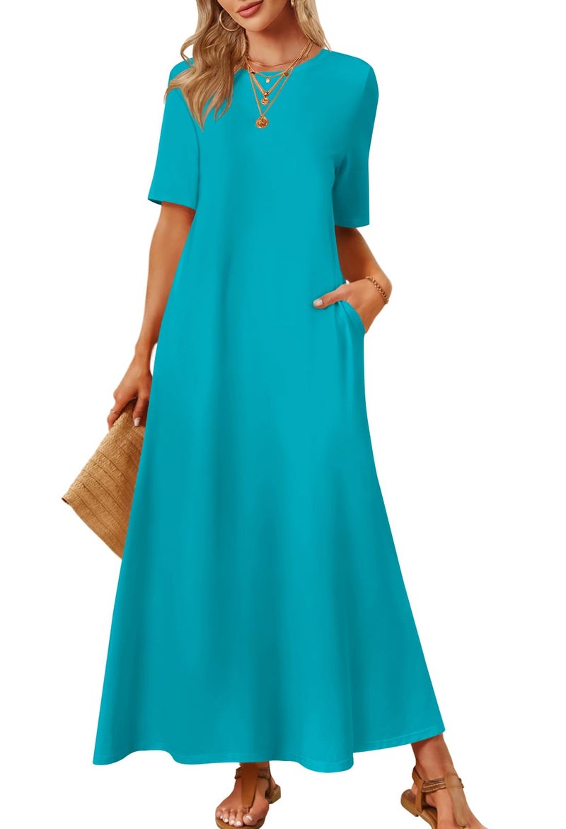 MEROKEETY Summer Spring Maxi Dresses for Women 2026 Beach Vacation Casual Short Sleeve Long T Shirt Dress, Turquoise, Large - Image 1