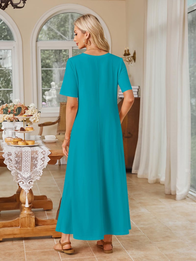 MEROKEETY Summer Spring Maxi Dresses for Women 2026 Beach Vacation Casual Short Sleeve Long T Shirt Dress, Turquoise, Large - Image 3