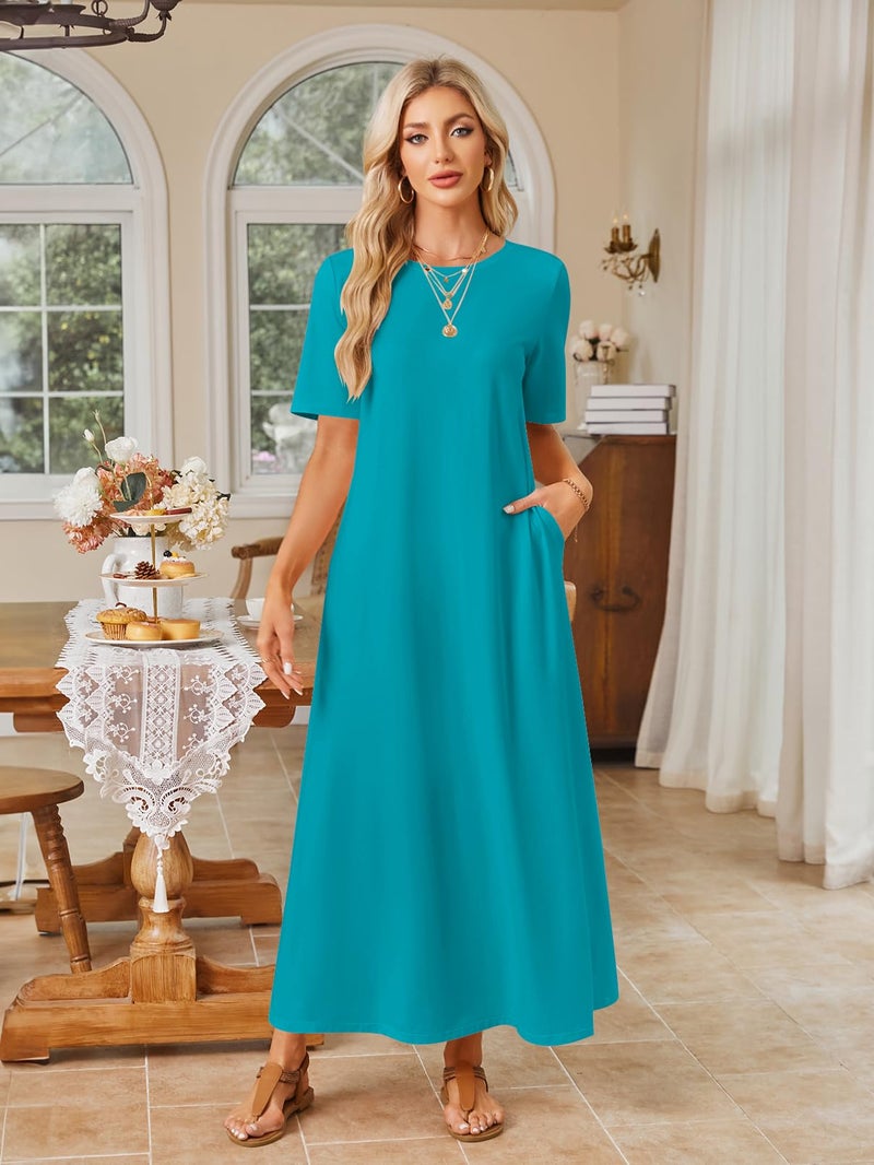 MEROKEETY Summer Spring Maxi Dresses for Women 2026 Beach Vacation Casual Short Sleeve Long T Shirt Dress, Turquoise, Large - Image 4