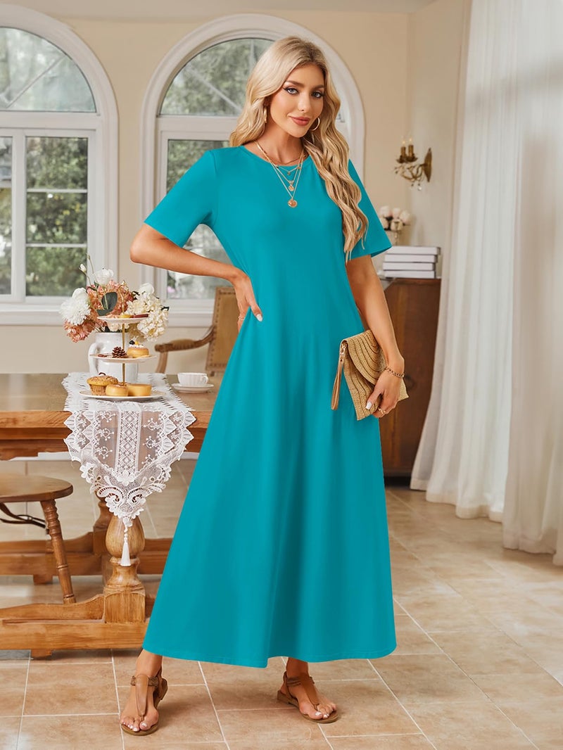 MEROKEETY Summer Spring Maxi Dresses for Women 2026 Beach Vacation Casual Short Sleeve Long T Shirt Dress, Turquoise, Large - Image 2