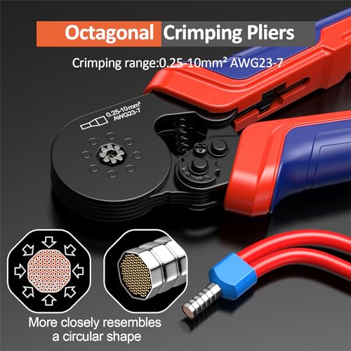 Preciva Ferrule Crimping Tool Kit, Octagonal Crimping Pliers with 1250PCS Single & Twin Ferrules Connectors, Self-Adjustable Ratchet Ferrule Terminals Crimper AWG 23-7 - Image 2