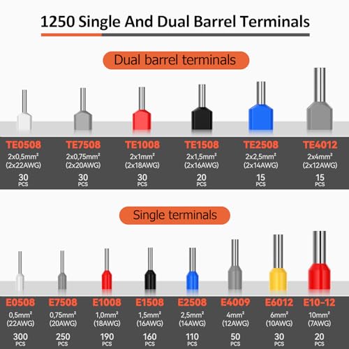 Preciva Ferrule Crimping Tool Kit, Octagonal Crimping Pliers with 1250PCS Single & Twin Ferrules Connectors, Self-Adjustable Ratchet Ferrule Terminals Crimper AWG 23-7 - Image 4