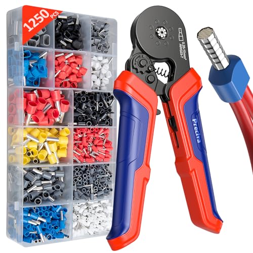 Preciva Ferrule Crimping Tool Kit, Octagonal Crimping Pliers with 1250PCS Single & Twin Ferrules Connectors, Self-Adjustable Ratchet Ferrule Terminals Crimper AWG 23-7 - Image 1