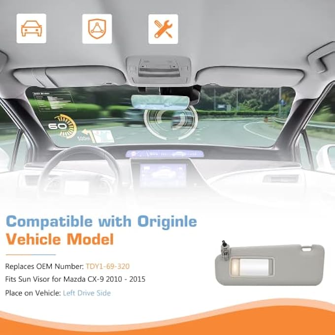 Hurotoms Left Driver Side Sun Visor with Mirror and Vanity Light for Mazda CX-9 2010 2011 2012 2013 2014 2015 Visor Assembly,Replacement TDY1-69-320(Gray) - Image 3