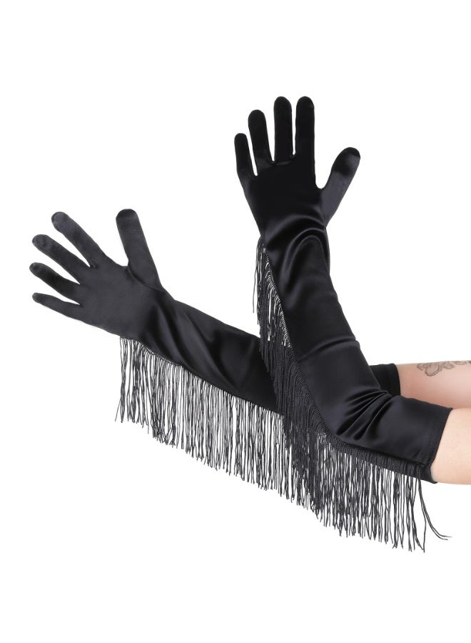Long Satin Gloves with Tassel, 1920s Black Opera Fringe Gloves, 19.3" Elbow Length Stretchy Glove for Bridal Costume Cosplay Party Halloween Women - Image 1