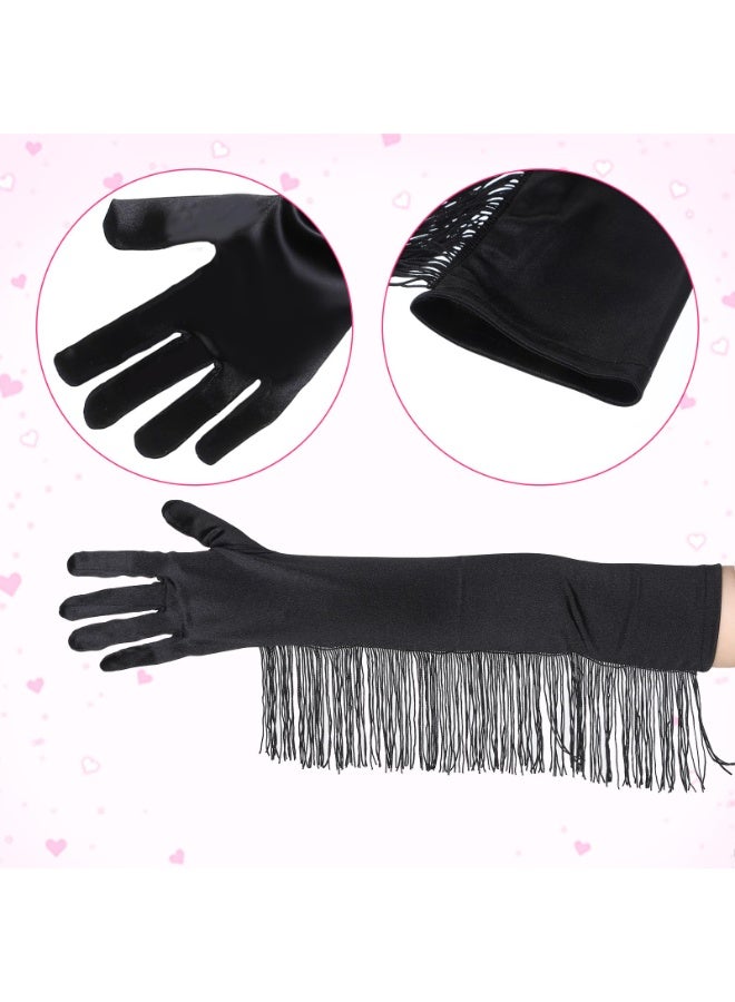 Long Satin Gloves with Tassel, 1920s Black Opera Fringe Gloves, 19.3" Elbow Length Stretchy Glove for Bridal Costume Cosplay Party Halloween Women - Image 3