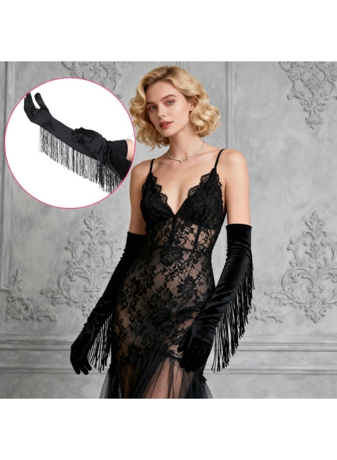 Long Satin Gloves with Tassel, 1920s Black Opera Fringe Gloves, 19.3" Elbow Length Stretchy Glove for Bridal Costume Cosplay Party Halloween Women - Image 4