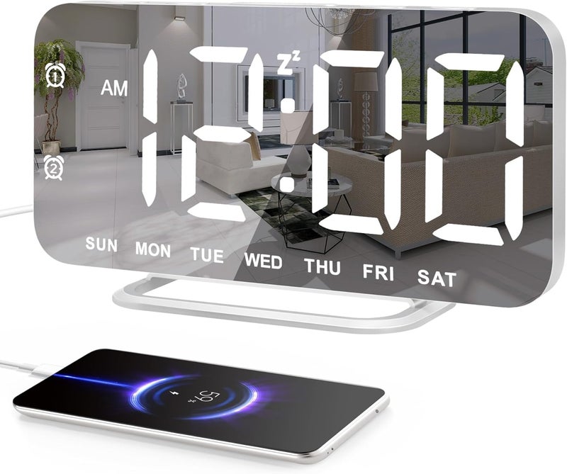 Jall ساعة منبه رقمية LED نحيفة، سطح مرآة للمكياج، مع خاصية التعتيم، شاشة كبيرة، إعداد سهل، منافذ USB، ديكور عصري لغرفة النوم، المكتب، هدية عيد الميلاد، هدية عيد ميلاد للنساء، الابنة، الفتاة، بيضاء - Image 1