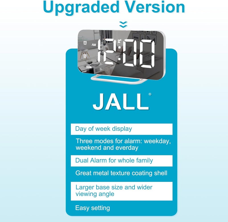 Jall ساعة منبه رقمية LED نحيفة، سطح مرآة للمكياج، مع خاصية التعتيم، شاشة كبيرة، إعداد سهل، منافذ USB، ديكور عصري لغرفة النوم، المكتب، هدية عيد الميلاد، هدية عيد ميلاد للنساء، الابنة، الفتاة، بيضاء - Image 5