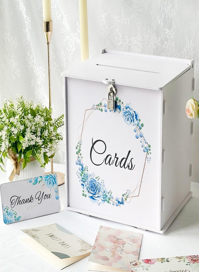 OurWarm White Wedding Card Box with Lock, PVC Gift Card Box with Blue Wreath, Wedding Decorations for Reception Envelop Money Gift Boxes for Graduation Birthday Bridal Baby Shower Decor - Image 1