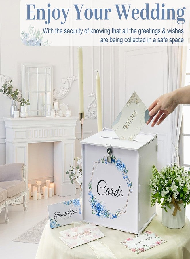 OurWarm White Wedding Card Box with Lock, PVC Gift Card Box with Blue Wreath, Wedding Decorations for Reception Envelop Money Gift Boxes for Graduation Birthday Bridal Baby Shower Decor - Image 4
