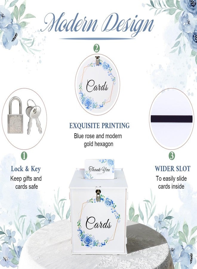 OurWarm White Wedding Card Box with Lock, PVC Gift Card Box with Blue Wreath, Wedding Decorations for Reception Envelop Money Gift Boxes for Graduation Birthday Bridal Baby Shower Decor - Image 5