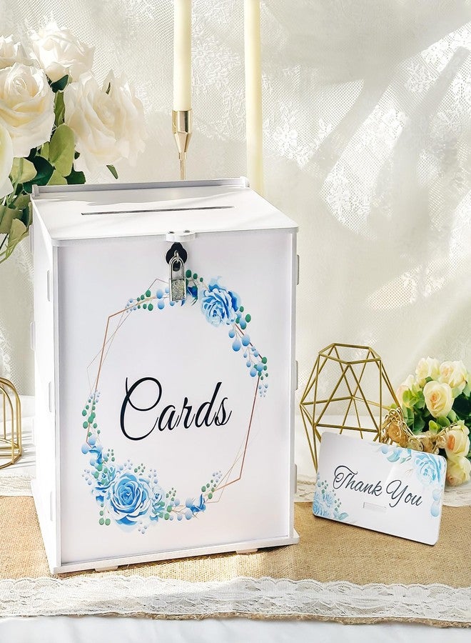 OurWarm White Wedding Card Box with Lock, PVC Gift Card Box with Blue Wreath, Wedding Decorations for Reception Envelop Money Gift Boxes for Graduation Birthday Bridal Baby Shower Decor - Image 2