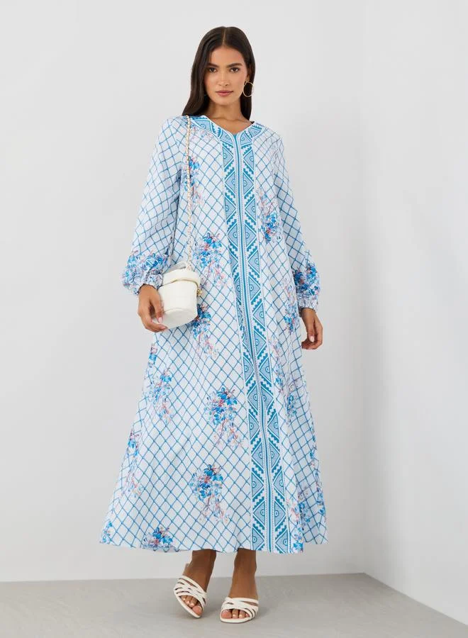 تايك تو Take Two Checked Print V-Neck Long Sleeve Maxi Jalabiya