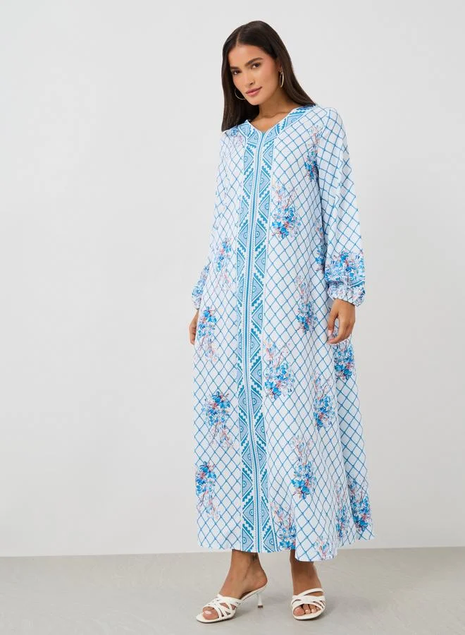 تايك تو Take Two Checked Print V-Neck Long Sleeve Maxi Jalabiya
