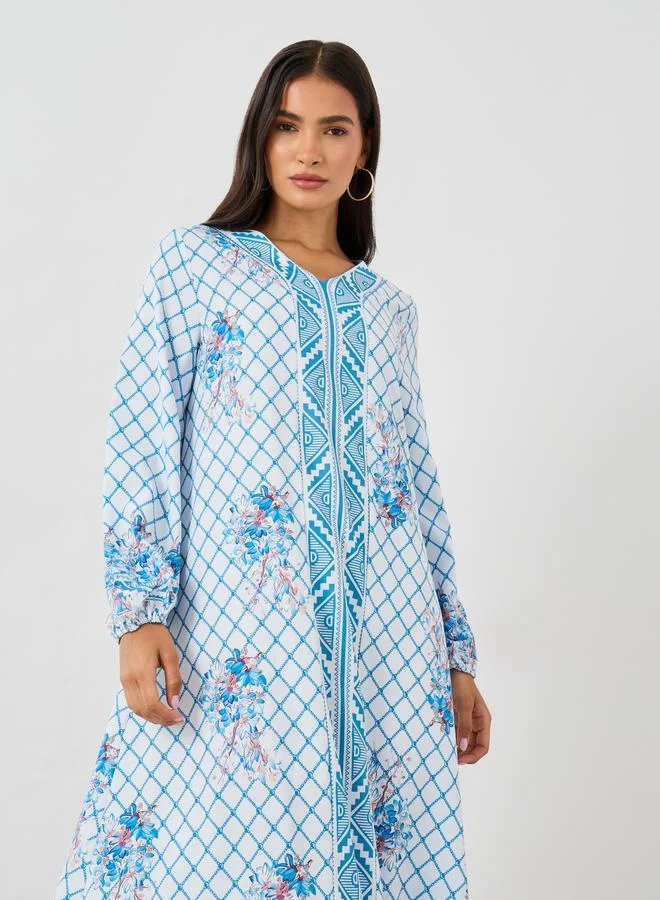 Take Two Take Two Checked Print V-Neck Long Sleeve Maxi Jalabiya