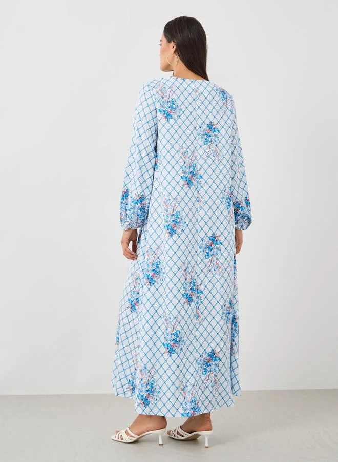 Take Two Take Two Checked Print V-Neck Long Sleeve Maxi Jalabiya
