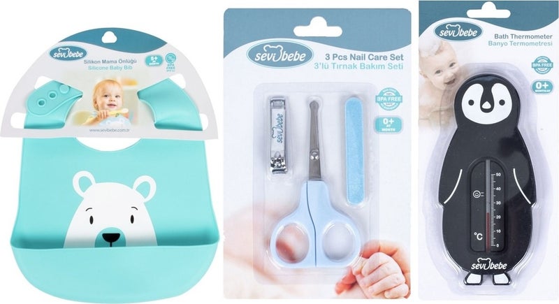Sevi Bebe Baby Care Set (Nail Clipper Set + Silicone Bib + Bath Temperature)