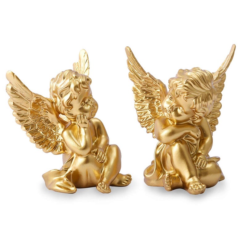 Owmell Set Of 2 Cherubs Angels Resin Statue Figurine  Indoor Home Decoration  Adorable Angel Sculpture Memorial Statue 4"" - Gold - Image 1