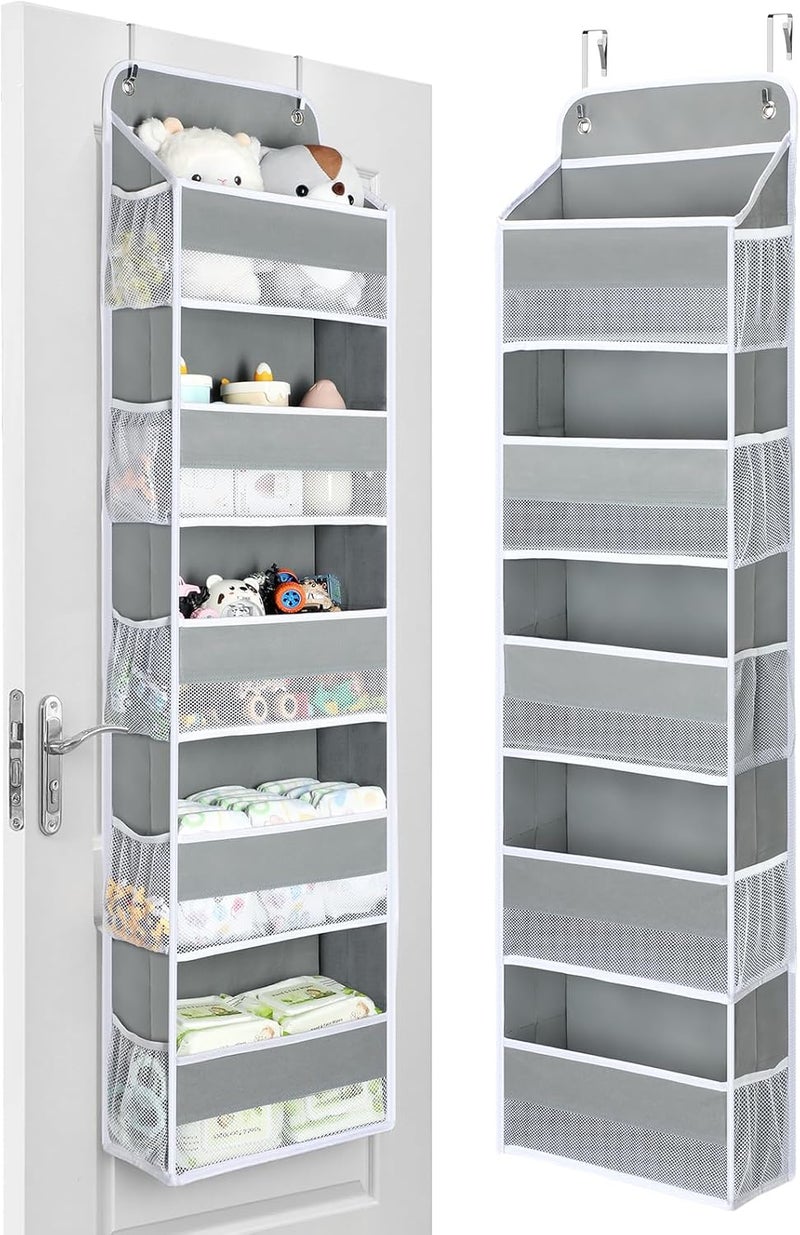 Yecaye 1 Pc Over The Door Organizer with 5 Bins 10 Side Pockets, 44lbs Load Hanging Bathroom Organizer, No Tilt Closet Organizers and Storage for Bedroom, Baby Organizer for Extra Storage, Grey - Image 1
