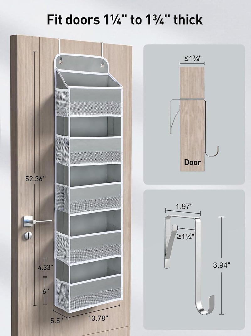 Yecaye 1 Pc Over The Door Organizer with 5 Bins 10 Side Pockets, 44lbs Load Hanging Bathroom Organizer, No Tilt Closet Organizers and Storage for Bedroom, Baby Organizer for Extra Storage, Grey - Image 4