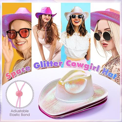 Coume 12 Pcs Neon Sparkly Glitter Cowgirl Cowboy Hat for Women Girl Holographic Cowboy Hat Bulk for Bachelor Halloween Party(Beige, Pink, Rose Red,Stylish Style) - Image 4