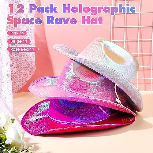 Coume 12 Pcs Neon Sparkly Glitter Cowgirl Cowboy Hat for Women Girl Holographic Cowboy Hat Bulk for Bachelor Halloween Party(Beige, Pink, Rose Red,Stylish Style) - Image 2