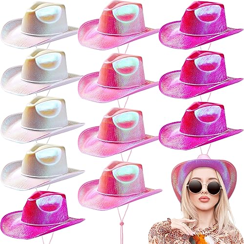 Coume 12 Pcs Neon Sparkly Glitter Cowgirl Cowboy Hat for Women Girl Holographic Cowboy Hat Bulk for Bachelor Halloween Party(Beige, Pink, Rose Red,Stylish Style) - Image 1