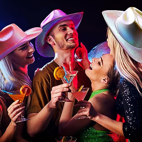 Coume 12 Pcs Neon Sparkly Glitter Cowgirl Cowboy Hat for Women Girl Holographic Cowboy Hat Bulk for Bachelor Halloween Party(Beige, Pink, Rose Red,Stylish Style) - Image 5