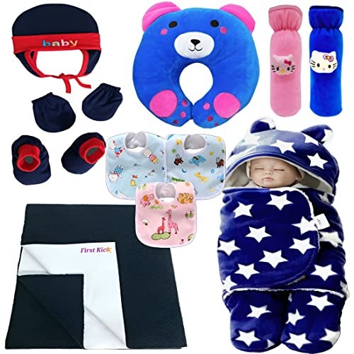 First Kick New Born Baby Gift Set Combo Pack for Baby Boys and Baby Girls Pack of 11 Pcs Navy Stars - Image 1