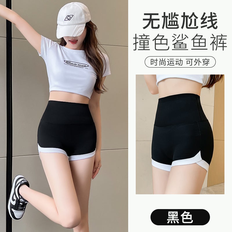 Womens Contrast Color Shark Shorts Sportswear Black (Patchwork Yoga Pants) 