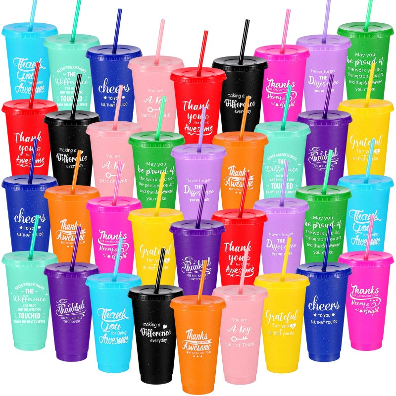 Skylety 36 Pcs Employee Appreciation Gifts for Team Coworker Thank You Gift Bulk 24 oz Inspirational Plastic Cups with Lid and Straw for Valentines Day Volunteer Staff Teacher Office Bright Color