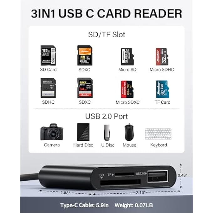 Hicober USB C TO SD CARD READER, MICRO SD MEMORY CARD READER, TYPE C TO SD CARD READER ADAPTER 2TB CAPACITY FOR MACBOOK CAMERA ANDROID WINDOWS LINUX AND OTHER TYPE C DEVICE-BLACK - Image 2