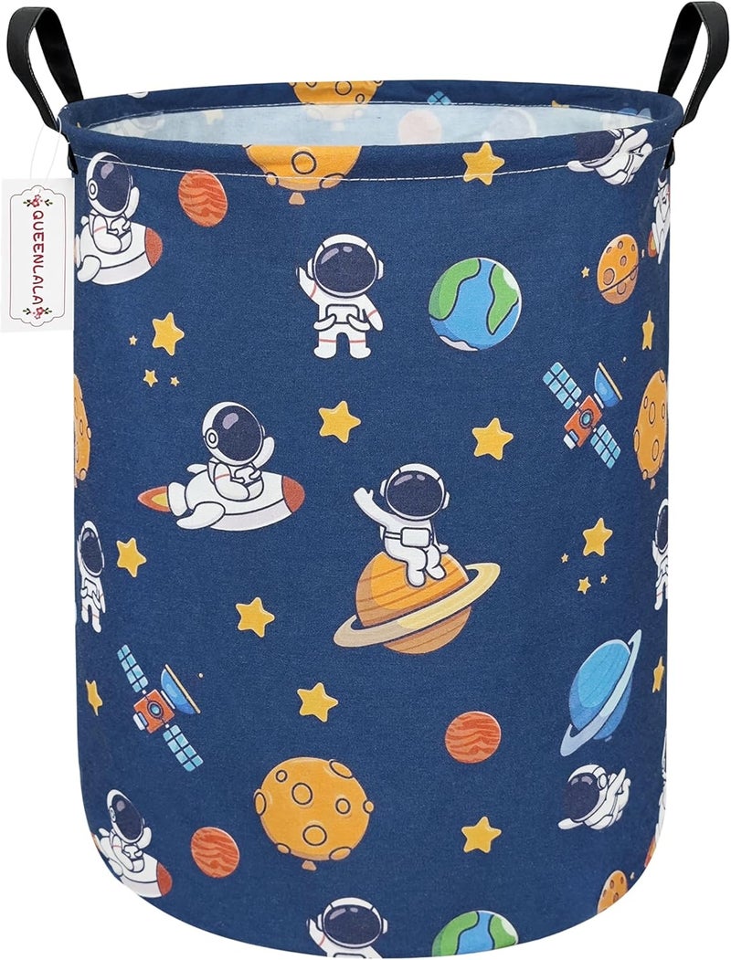 QUEENLALA Large Storage Basket,Laundry Hamper/Bathroom/Home Decor/Collapsible Round Storage Bin,Boys and Girls Hamper/Boxes/Clothing（Round-Yellow Star Astronaut） - Image 1