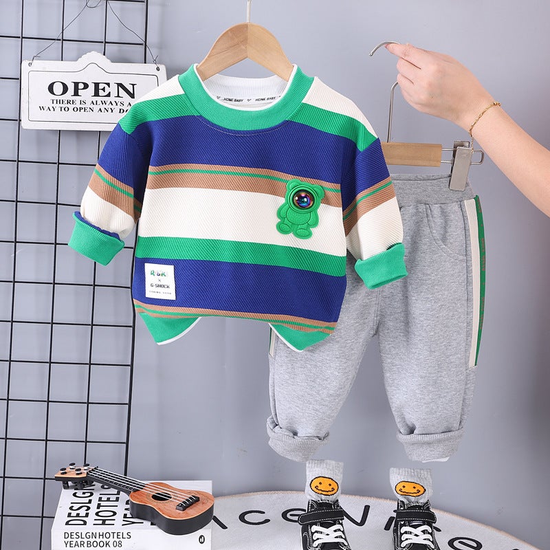 Children'S Clothing Boys Suit Foreign Style New Children'S Fashion Sports Baby Striped Long Sleeve Two-Piece Set - Image 4