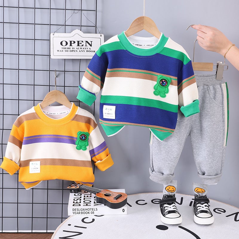 Children'S Clothing Boys Suit Foreign Style New Children'S Fashion Sports Baby Striped Long Sleeve Two-Piece Set - Image 2
