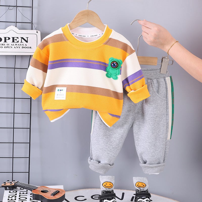 Children'S Clothing Boys Suit Foreign Style New Children'S Fashion Sports Baby Striped Long Sleeve Two-Piece Set - Image 3