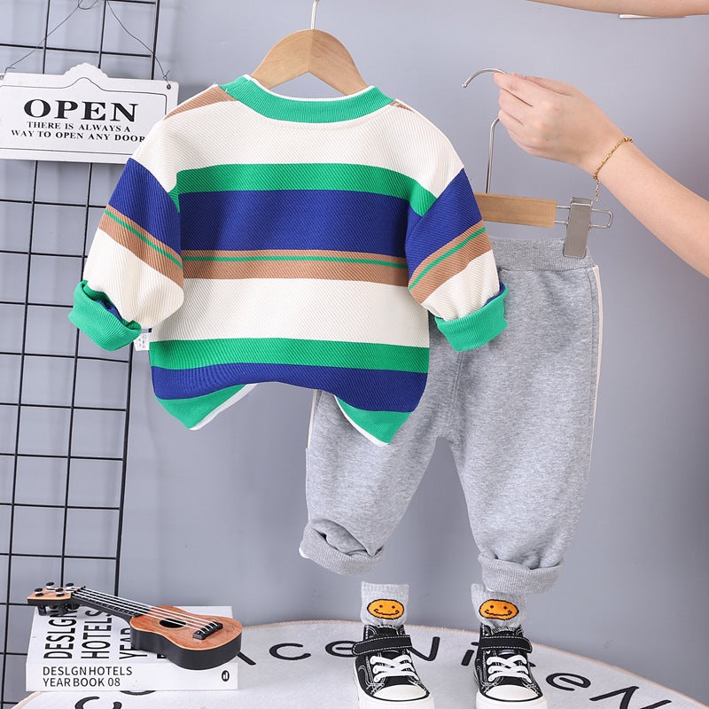 Children'S Clothing Boys Suit Foreign Style New Children'S Fashion Sports Baby Striped Long Sleeve Two-Piece Set - Image 5