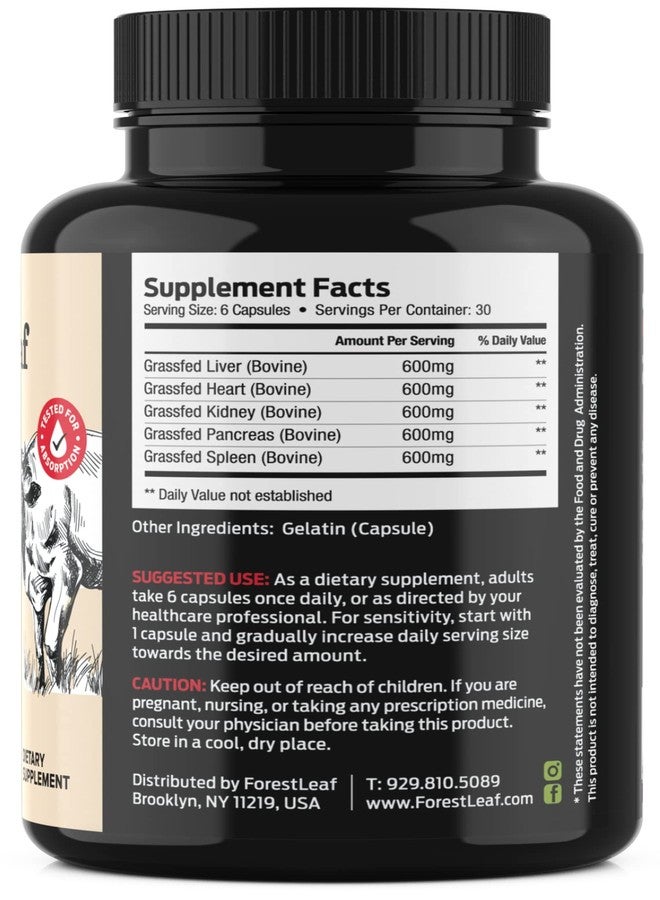 ForestLeaf Beef Organ Supplement - Grass Fed & Pasture Raised - Total Body Wellness & Performance, Organ Complex with 3000mg of Desiccated Beef Liver, Heart, Kidney, Pancreas, Spleen (180 Capsules) - Image 3